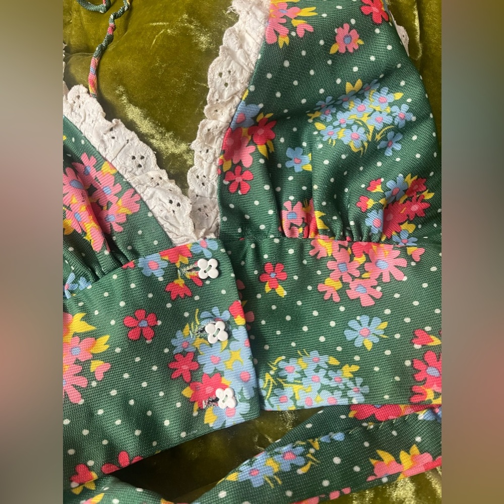 Vintage 1970s floral halter lace button flower green top boho chic - Picture 11 of 16